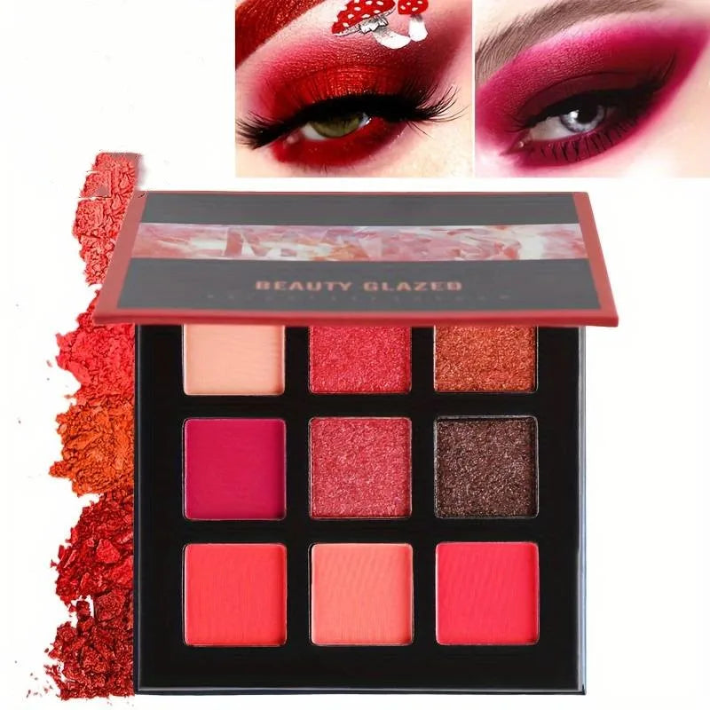 Matte Glitter Eyeshadow Palette com 9 cores em tons de vermelho