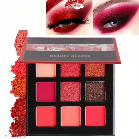 Matte Glitter Eyeshadow Palette com 9 cores em tons de vermelho
